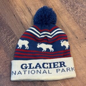 Locale Glacier National Park Beanie Hat Pom‎ Red Blue White Goat Design Knit Hat